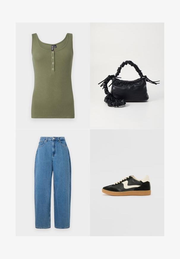 Oliivivihreä ribattu hihaton paita, jossa on pyöreä kaula-aukko ja viisi nappiä edessä. Pehmeä rakenne ja vartalonmyötäinen muotoilu.; Vaaleansininen farkkuhousut suoralinjaisella mallilla, korkealla vyötäröllä ja etunappikiinnityksellä. Varustettu viidellä taskulla ja vähäisillä tikkausompeluksilla.; Mustat mokka- ja nahkakengät, joissa on kermaisen valkoinen sivupainatus ja vaalea kermaisine kantapää. Varustettu beigeillä nauhoilla ja kumista valmistetulla ulkopohjalla.; Must-have mustekahvi nahkalaukku krokotiiliaistalla, kiristetty yläosa ja rypistetty hihna. Näyttää pehmeältä ja kompaktilta muotoilultaan.