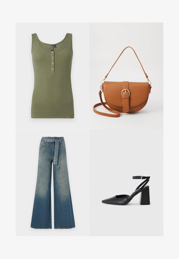 Olivno zelena rebrasta majica brez rokavov s krobnim izrezom in petimi gumbi na sprednji strani. Mehka tekstura in prilegajoča zasnova.; Široke jeans hlače z gradientom od svetlo do temno modre, visokim pasom, zankami za pas in pasom iz istega materiala. Tekstura denim končnica.; Črne usnjene klasične čevlje z ostrim nosom, z zaponko za gleženj in debelim peto. Ravna tekstura, eleganten dizajn in minimalistična estetika.; Rjava usnjena torbica prek telesa s ukrivljeno obliko, zlate opreme in sponko. Ima odstranljiv naramni trak.