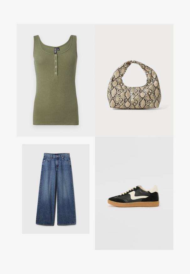 Canottiera a coste verde oliva con scollatura tonda e piolo con cinque bottoni sul davanti. Texture morbida e design aderente.; Jeans in denim blu a gamba larga con una finitura sbiadita, dotati di chiusura a bottone e zip, cinque tasche e passanti per cintura.; Sneaker nera in suede e pelle con un sorriso laterale crema e un tallone di un leggero crema. Presenta lacci beige e una suola in gomma color caramello.; Borsa a stampa rettile con manico curvo. Realizzata in materiali testurizzati beige e marroni, presenta un distintivo motivo a rombi.