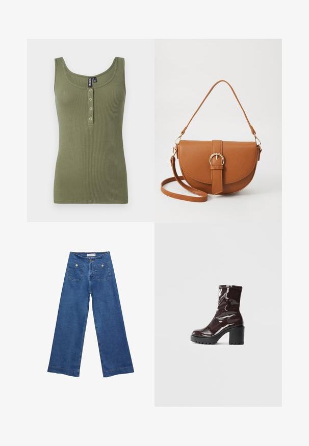 Maslinasto zeleni rebrasti top bez rukava s izrezom u obliku luka i pet dugmadi sprijeda. Mekana tekstura i prilagođen dizajn.; Denim široke hlače s medijskom plavom pranju, dva prednja džepa s dugmadi, i šivana dekoracija duž rubova.; Sjajna burgundska čizma do gležnja s debelim crnim potplatom, koja se odlikuje glatkom teksturom i jednostavnim dizajnom. Nema vidljivih kopčanja ili uzoraka.; Smeđa kožna torba preko tijela s zakrivljenim oblikom, zlatnim metalnim detaljima i naglaskom na kopču. Ima odvojivu naramenicu.