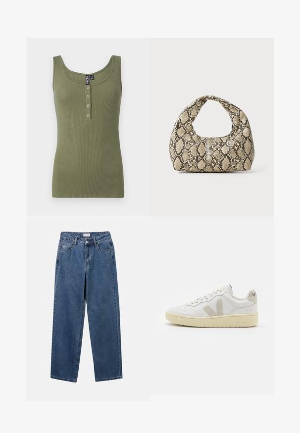 Canottiera a coste verde oliva con scollatura tonda e piolo con cinque bottoni sul davanti. Texture morbida e design aderente.; Jeans in denim blu classico con design a gamba dritta, cinque tasche e chiusura con bottone. Presentano un lavaggio medio e una trama robusta.; Sneaker in pelle bianca con dettagli in suede beige, punta perforata, lacci piatti e suola testurizzata color crema. Presenta un logo discreto sul tallone.; Borsa a stampa rettile con manico curvo. Realizzata in materiali testurizzati beige e marroni, presenta un distintivo motivo a rombi.