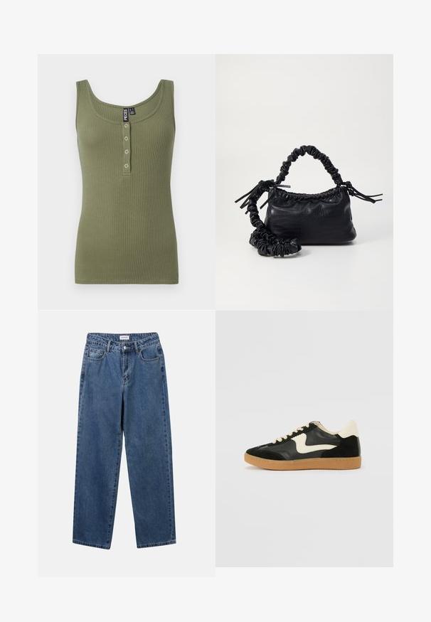 Olivengrøn ribbet tanktop med en rund halsudskæring og fem knaplukninger foran. Blød tekstur og tætsiddende design.; Klassiske blå denimbukser med lige ben, fem lommer og knaplukning. Har en medium vask og en robust tekstur.; Sorte ruskinds- og lædersneakers med en cremefarvet side-swoosh og lys cremefarvet hæl. Har beige snørebånd og en gummirubber-sål.; Sort kunstlæder håndtaske med krokodilteksur, indsnøret top og en sammenkrøben rem. Ser blød og kompakt ud i designet.