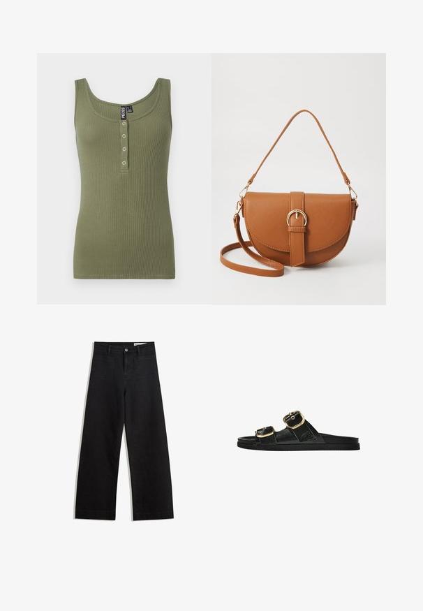 Olijfgroene geribbelde tanktop met een ronde hals en een vijfknops sluiting aan de voorzijde. Zachte textuur en een aansluitend ontwerp.; Zwarte denim broek met wijde pijpen en een hoge taille, voorzien van voor- en achterzakken, gestikte naden en een knoopsluiting. Gladde textuur.; Zwarte slipper met twee gouden gesps, gladde textuur, platte zool en een minimalistisch ontwerp.; Bruine leren schoudertas met een gebogen vorm, gouden hardware en een gespaccent. Bevat een afneembare schouderriem.
