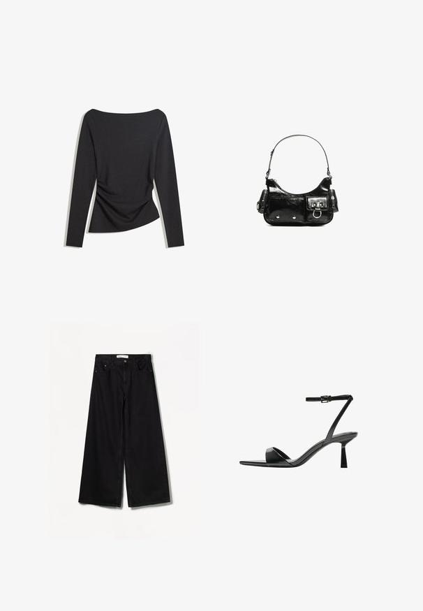 Fekete, hosszú ujjú, testhez simuló blúz, tatyónyakkivágással, az oldalon a deréknál enyhe redőzéssel, fehér háttérre fektetve.; Bershka WIDE-LEG - Széles szárú - black; Bershka Magas sarkú szandálok - black; Fekete lakkbőr kézitáska ívelt formával, egy vállpánttal, elülső zsebekkel és ezüstszínű fémrészletekkel.