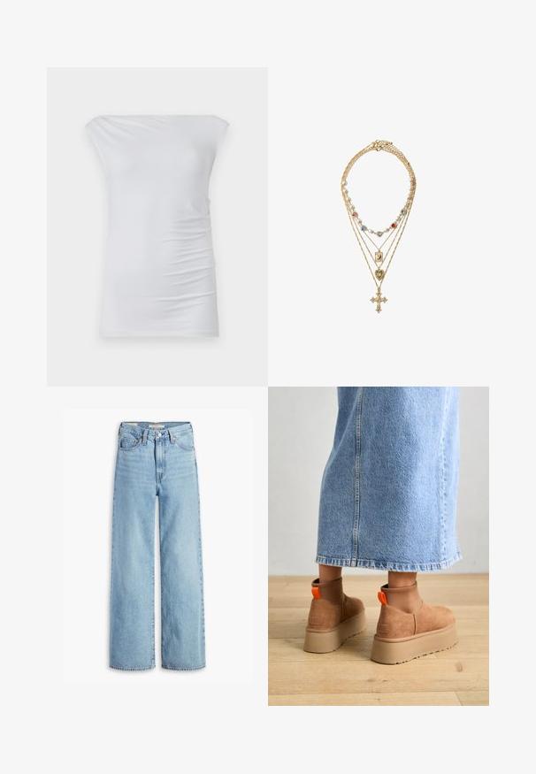 Weißes schulterfreies Oberteil aus weichem Stoff; zeichnet sich durch ein figurbetontes Design mit subtiler seitlicher Raffung und glatter Textur aus.; Hochgeschnittene, hellblaue Schlagjeans mit Frontknopf und Reißverschluss, Gürtelschlaufen und fünf Taschen.; Braune Wildleder-Plateau-Stiefel mit elastischen Seitenpaneelen und orangen Zuglaschen, kombiniert mit einem knielangen hellen Jeansrock auf einem Holzboden.; Goldfarbene Schichtenkette mit verschiedenen Perlen und farbigen Edelsteinen als Akzenten, detaillierten Anhängern in Form von Kreuz und Herz.