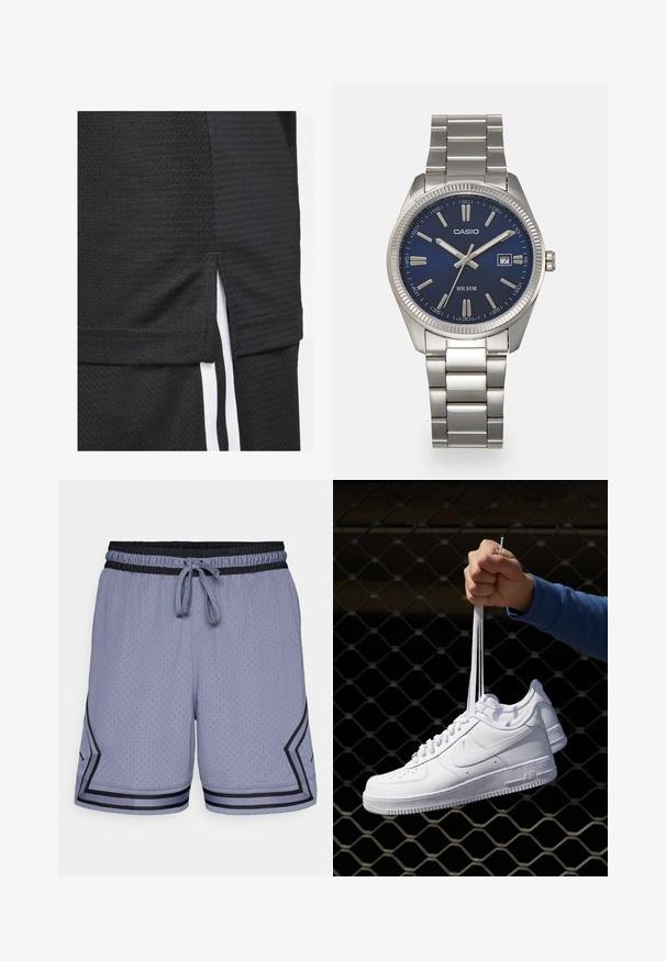 Crna atletska majica od teksturiranog materijala, kratke dužine s bočnim prorezima i bijelim naglascima duž strana.; Svijetloplave atletske kratke hlače s mrežastom teksturom, elastičnim pojasom, uzicom za podešavanje i crnim detaljima duž rubova i sa strane.; Bijele kožne tenisice s perforacijama, okruglim vrhom, ravnim potplatom i debelim vezicama, s vidljivim swoosh logom i natpisom "AIR" na peti.; Srebrni sat od nehrđajućeg čelika s tamnoplavim brojčanikom, metalnim oznakama sati i prozorom za datum na 3 sata. Vodootporan do 50 metara.