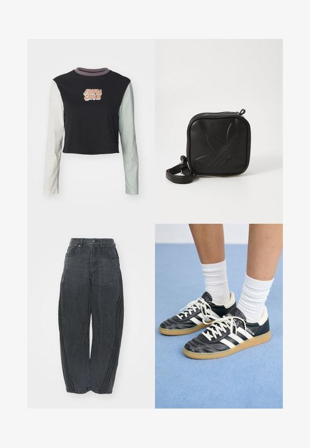 Cropped long-sleeve shirt featuring a black body with light gray, white, and mint green sleeves, and a "SANTA CRUZ" graphic on the chest.; Baggy black denim jeans with a faded finish, five pockets, a waist button closure, and stitched detailing on the front and sides.; Black leather sneakers with white stripes, round toe, white laces, and gum rubber sole. Accentuated by padded collar and branding details.; Black square crossbody bag made of textured synthetic material. Features an embossed logo design and adjustable strap. Zipper closure.