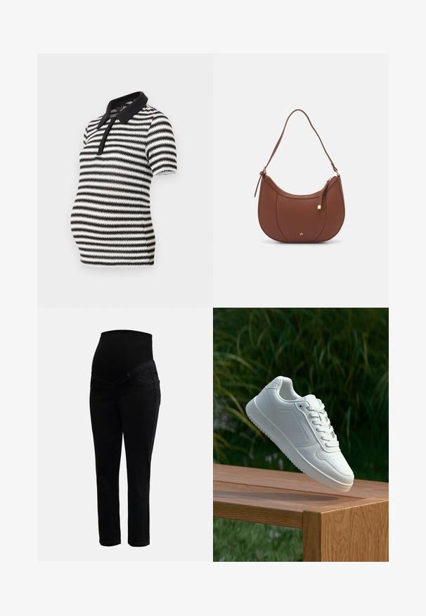 Fekete-fehér csíkos pólóing rövid ujjal, fekete gallérral és gombos elülső záródással, kismamáknak tervezve.; Fekete várandós farmernadrág rugalmas, magas derékkal és karcsú lábakkal, melyet a kényelem és a támogatás érdekében terveztek a terhesség alatt.; Fehér sportcipő sima szintetikus felsőrésszel, perforált lábujjrész, lapos fűzőkkel és texturált talppal, fából készült felületen kihelyezve.; Barna műbőr válltáska ívelt formával, minimális varrással és arany színű kiegészítőkkel. Jellemzője a felső cipzáras záródás és állítható pánt.