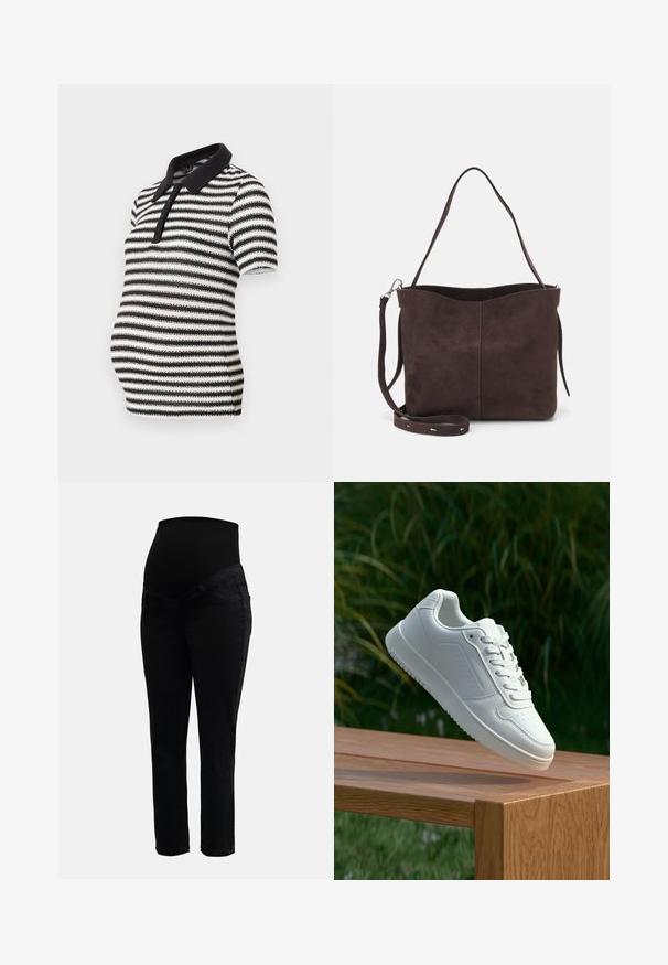 Juodai baltas dryžuotas polo marškinėlis su trumpomis rankovėmis, juodu apykakle ir mygtukų užsegimu, skirtas nėštumo metu.; Juodos nėštuminės džinsinės kelnės su tampriu aukštu juosmeniu ir siaurais keliais, sukurtos komfortui ir palaikymui nėštumo metu.; Balti sneakeriai su lygia sintetine viršutine dalimi, perforuota pirštų zona, plokščiomis raištelėmis ir tekstūruotu padu, padėti ant medinės paviršiaus.; Ruda suede audinė su minkšta tekstūra, turinti vieną petį ir subtilų kreivinį viršutinį atidarymą. Matomų metalinių detalių nėra.