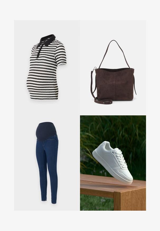 Melnbaltas svītrainas polo krekls ar īsām piedurknēm, melnu apkakli un pogu priekšpusi, paredzēts grūtniecēm.; Maternitātes džinsi tumši zilā džinsa audumā, ar elastīgu tumšu jostas daļu un pieguļošu dizainu ar kabatām.; Baltie sporta apavi ar gludu sintētisku augšpusi, perforētu pirkstu daļu, plakani šņorēm un rakstainu zoli, novietoti uz koka virsmas.; Brūns zamšādas roku soma ar mīkstu tekstūru, aprīkota ar vienu plecu siksnu un nelielu izliekta augšējā atvēruma dizainu. Nav redzamu metāla detaļu.