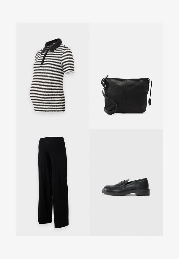 Polo tričko s krátkým rukávem v černobílém pruhu, s černým límcem a zapínáním na knoflíky, navržené pro těhotné ženy.; Černé kalhoty s širokými nohavicemi, elastickým pasem a hladkou, pružnou texturou. Mají jednoduchý design, bez vzorů nebo ozdob.; Černé kožené mokasíny s kulatou špičkou, prošitými detaily a malým podpatkem. Hladký povrch a flexibilní gumová podrážka.; Černá kožená kabelka přes rameno s plochým tvarem, zlatými kovovými detaily a nastavitelným popruhem. Hladký povrch s minimem švů.