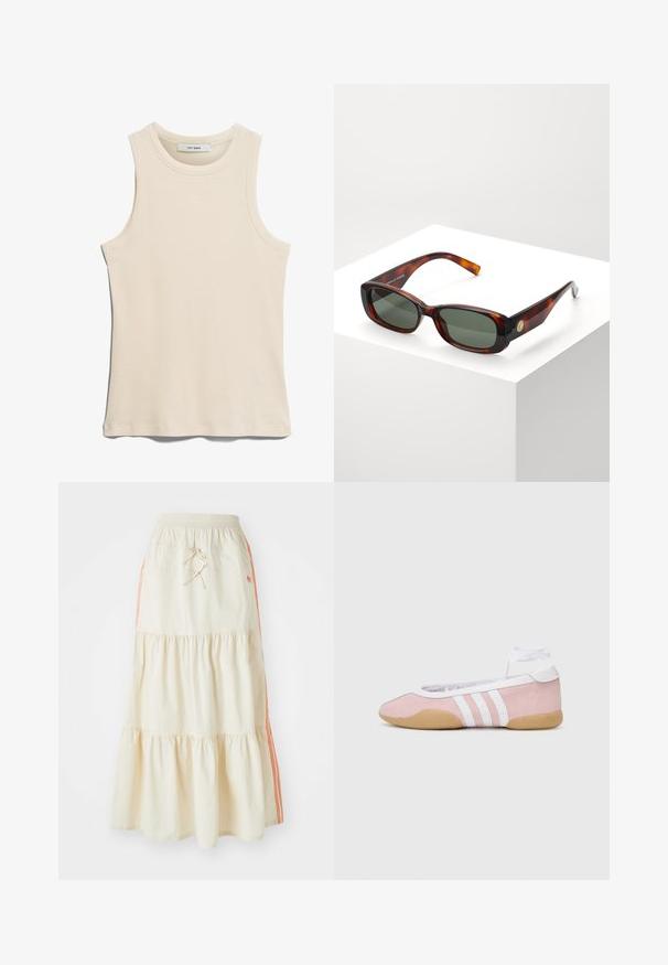 Sleeveless light beige tank top made from ribbed fabric, featuring a round neckline and a clean, minimalist design.; Cream-colored tiered midi skirt with an elastic waistband and drawstring. Features orange side stripes and soft, smooth cotton texture.; adidas Originals TAEKWONDO MEI BALLET - Trainers - clear pink/ftwr white/gum; Tortoiseshell rectangular sunglasses with green lenses. Wide frame, smooth finish, gold accent on the side, and slim temples.