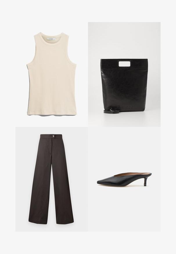 Sleeveless light beige tank top made from ribbed fabric, featuring a round neckline and a clean, minimalist design.; Black wide-leg trousers with a smooth texture, featuring a front button closure and a clean, simple design. No patterns or accents visible.; Black leather mules with a pointed toe and low, block heel. Smooth texture with a sleek design. Open back with minimal detailing.; Black leather tote bag with a square handle, featuring a textured finish and embossed logo. Includes a detachable strap.