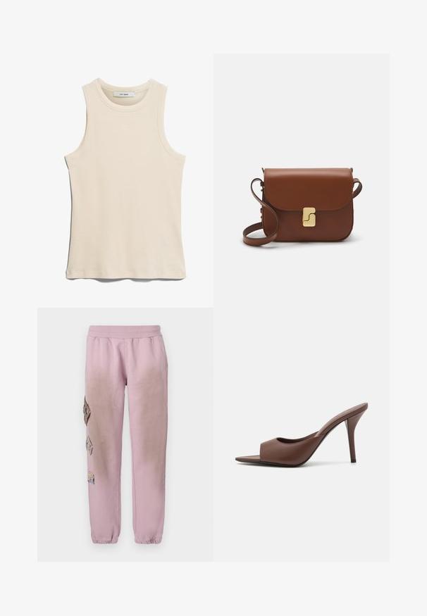 Ärmelloses, hellbeiges Tanktop aus geripptem Stoff, mit rundem Halsausschnitt und einem klaren, minimalistischen Design.; Rosa Sweatpants mit elastischem Bund, verziert mit dekorativen Patches in Diamantform auf der linken Seite und elastischen Bündchen an den Knöcheln.; Braune Leder-Open-Toe-Hochhackige Mules mit einem eleganten Design, das einen breiten Vorderriemen und einen schlanken Stiletto-Absatz aufweist.; Braune Ledertasche mit Klappenverschluss, Beschlägen in Goldfarbe, einem Schultergurt und einer glatten Oberfläche. Kompakte rechteckige Form.