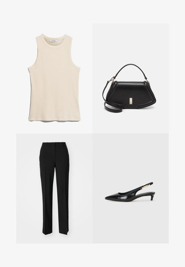 Beżowy bezrękawnik wykonany z prążkowanego materiału, z okrągłym dekoltem i prostym, minimalistycznym designem.; Czarne spodnie o dopasowanym kroju z prostymi nogawkami, o gładkiej fakturze i wyraźnych zagięciach z przodu. Bez widocznych elementów metalowych.; Czarne skórzane szpilki typu slingback z ostrym noskiem, posiadające smukły obcas i złoty akcent na regulowanym pasku. Gładka tekstura.; Czarna skórzana torebka o strukturalnym designie, z przyciętą formą, górnym uchwytem i złotymi akcentami. W zestawie regulowany pasek na ramię.