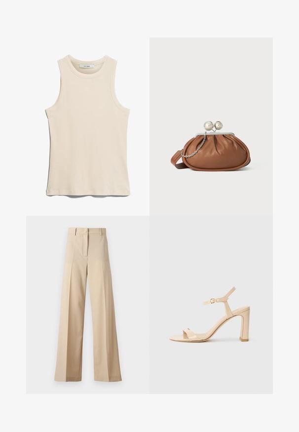 Sleeveless light beige tank top made from ribbed fabric, featuring a round neckline and a clean, minimalist design.; Beige wide-leg trousers made of smooth fabric, featuring a flat front with pleats, a zip fly, and belt loops. Tailored fit overall.; Beige high-heeled sandal with ankle strap and gold buckle, open toe, and block heel on a white background.; Brown leather clutch purse with silver ball clasp and a small silver chain detail on a white background.