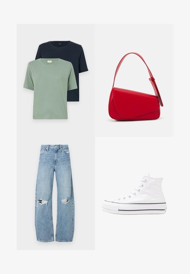 Two short-sleeve t-shirts in green and navy, made of soft cotton. Round necklines with a smooth texture and minimal stitching details.; Light blue, high-waisted jeans made of denim. Feature wide legs, two torn knee areas, and classic five-pocket styling.; White high-top canvas sneaker with black rubber sole, front rubber toe cap, and six eyelets for laces, featuring a clean, minimalist design.; Red leather handbag with an angular, geometric design. Features a single adjustable strap and a flap closure with stitched detailing.