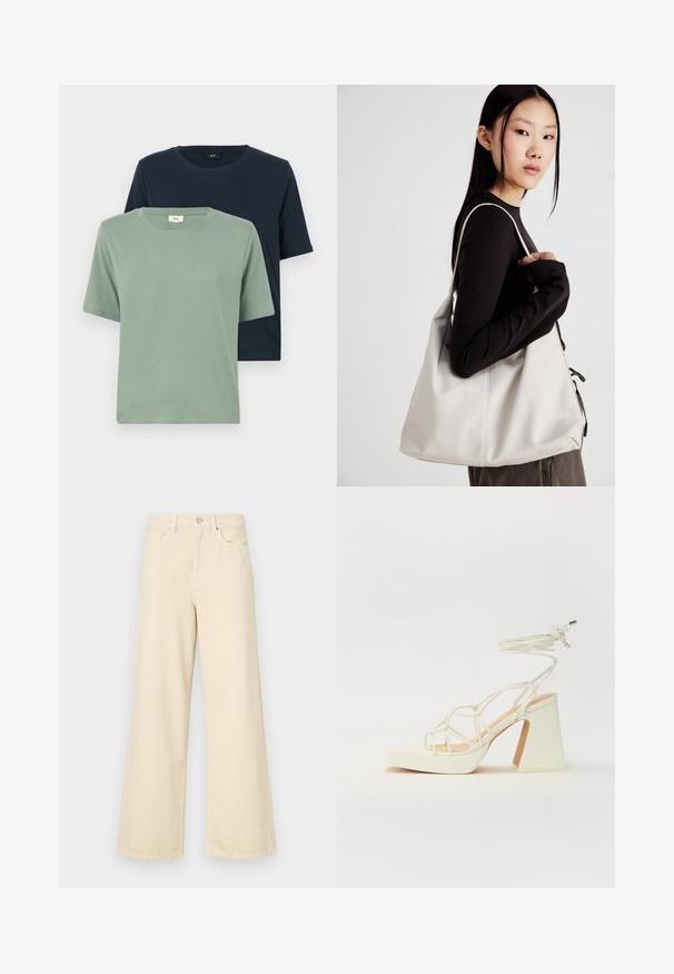 Divas īsām piedurknēm T-krekli zaļā un tumši zilā krāsā, izgatavoti no mīkstas kokvilnas. Apaļas kakla izgriezumi ar gludu faktūru un minimālu šuvju detalizāciju.; Bežīgas platpēdas džinses, izgatavotas no kokvilnas. Iekļauj pogu aizdari, jostas cilpas un priekšējos kabatas ar gludu, mīkstu tekstūru.; Baltas augstpapēžu sandales ar masīvu papēdi, ar siksnu dizainu un potītes saistītiem elementiem. Gluda tekstūra ar platformu priekšpusē, lai nodrošinātu papildu augstumu.; Bežs rokassoma, izgatavota no mīksta materiāla, ar brīvu dizainu, izšūtu apdari un divām plecu siksnām. Piemērota ikdienas lietošanai.