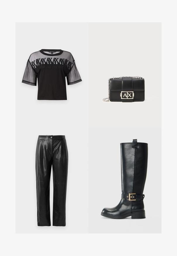 Must mustärga lühikeste varrukatega topp, millel on läbipaistev särk ning varrukad, broderinguga detailid rinna piirkonnas ja ümmargune krae.; Mustad kunstnahk püksid, millel on tekstureeritud pind, laiad sääred, ees voldid ja üks nupuga kinnitamine vöökohal.; Mustad muste nahast saapad, mis ulatuvad põlvedeni, madala plokk-kandaga, kaunistatud kullavärvi pihustiga ümbritsetud ja ülevalt tõmmitsaga.; Must mustra rahakott, millel on tikandiga disain, hõbedane kett ja esipaneelil silmatorkav hõbedane "AX" logo. Kompaktne ristkülikukujuline vorm.
