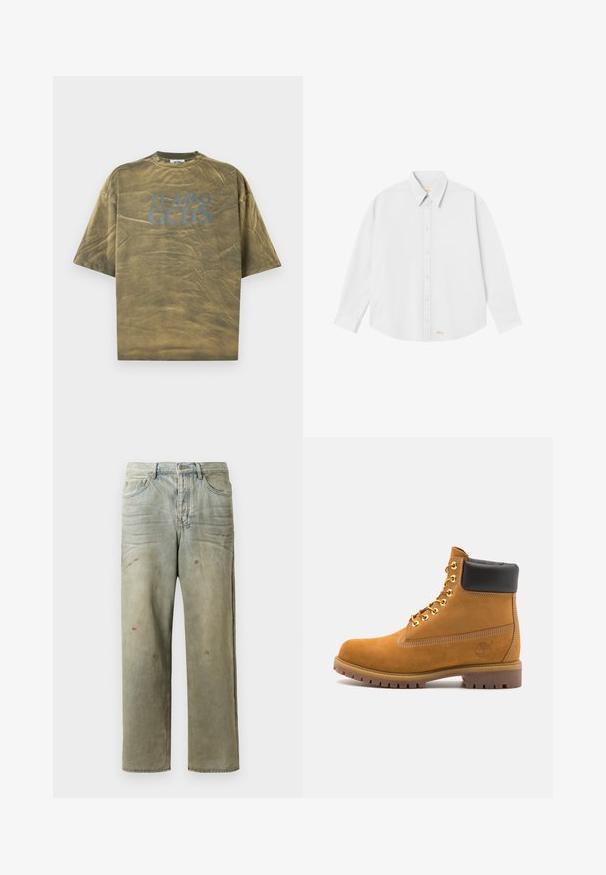 Olive green short-sleeve t-shirt with a round neckline, featuring "TI AMO GCDS" in bold blue text on the front, smooth cotton texture.; White button-up shirt with a classic collar, long sleeves, and a rounded hem; features small orange logo at the bottom left side.; Distressed denim jeans in light green, featuring a straight leg, five-pocket design, and uneven fading with paint splatters.; Tan suede ankle boot with black padded collar, gold metal eyelets, white stitching detailing, and rugged rubber sole with pronounced treads.