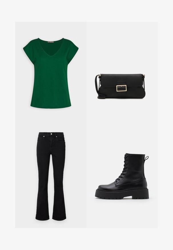 Zelené tričko s krátkym rukávom a výstrihom do V, vyrobené z mäkkej bavlny, s čistými líniami a voľným strihom.; Čierne rozšírené džínsy vyrobené z denimu, s strednou výškou pásu, prednými vreckami a zapínaním na gombík. Hladká textúra s minimálnymi švovými detailmi.; Čierne kožené členkové topánky s okrúhlou špičkou, šnurovaním vpredu a hrubou gumovou podrážkou s textúrovaným vzorom. Sťahovací pútko na zadnej strane.; Čierna kožená clutch taška s klopou a zlatým kovovým detailom s prackou. Obsahuje čierny remienok a elegantný, minimalistický dizajn.