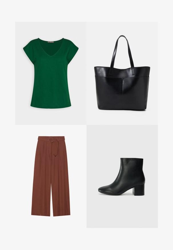 Grøn kortærmet t-shirt med V-udskæring, lavet af blødt bomuldsstof, der har rene linjer og en afslappet pasform.; Løse bukser i brunt stof, med et bælte med firkantet spænde, plisseret design og glat overflade.; Sorte læder ankelstøvler med spids tå og en kraftig hæl. Glat tekstur med minimale detaljer og et slankt, tætsiddende design.; Sort læder tote taske med to lange håndtag, en glat tekstur og en struktureret form. Har en forlommem for ekstra opbevaring.
