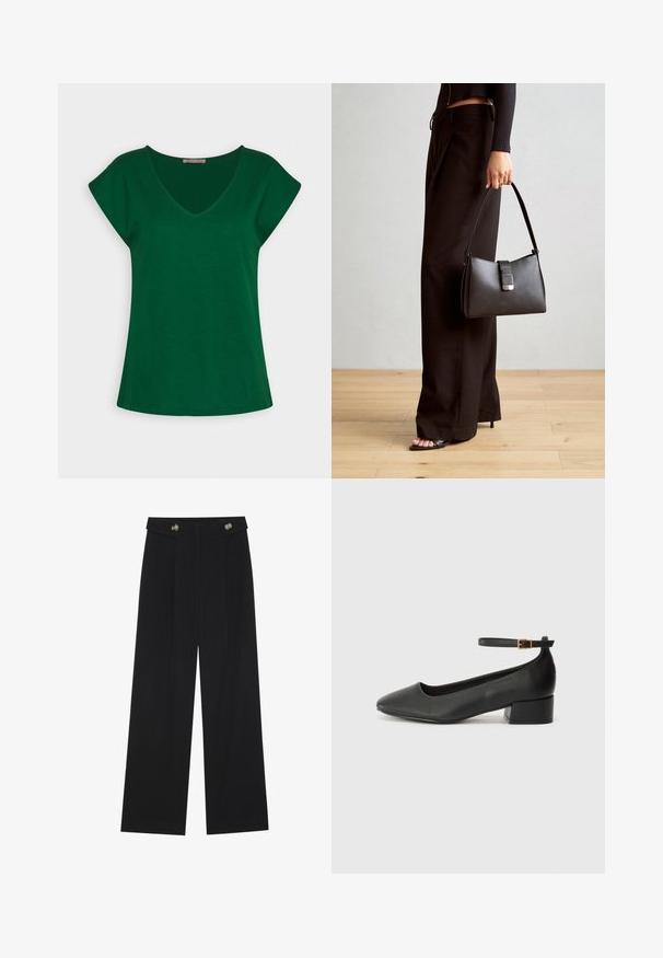 Camiseta verde de manga curta com decote em V, feita de um tecido de algodão macio, apresentando linhas limpas e um corte relaxado.; Calças largas pretas com cintura alta, detalhes em botão na cintura e pregas frontais.; Sandal de pele preta com bico pontiagudo e um salto bloco baixo. Apresenta uma tira no tornozelo com uma fivela em tom dourado. Textura suave.; Bolsa preta com forma estruturada, textura suave e um fecho metálico. Combinada com calças largas pretas e sandálias de salto aberto sobre um chão de madeira.