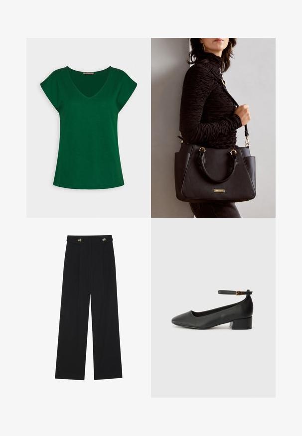 Maglietta verde a maniche corte con scollo a V, realizzata in morbido cotone, caratterizzata da linee pulite e una vestibilità comoda.; Pantaloni neri a gamba larga con vita alta, dettagli con bottoni in vita e pieghe frontali.; Pump in pelle nera con punta affusolata e tacco basso a blocco. Presenta una cinghia alla caviglia con una fibbia in tonalità oro. Texture liscia.; Borsa nera con superficie texturizzata, manici superiori doppi e tracolla regolabile. Dotata di hardware color oro e tasche laterali.