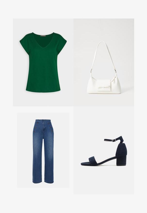 Vihreä lyhythihainen T-paita V-aukkosuunnittelulla, joka on valmistettu pehmeästä puuvillakankaasta. Paita on selkeälinjainen ja rento malli.; Korkeavyötäröiset farkut keskilevyisessä sinisessä sävyssä. Varustettu etusolmukkeilla ja leveälahkeisella muotoilulla. Kangas on sileä, ja siinä on hieno haalistuminen.; Laivansiniset mokkanahat sandaalit, joissa on leveä etuhihna, säädettävä nilkkahihna ja neliömäinen korko. Suuri pinta ja minimalistinen muotoilu.; Valkoinen synteettinen käsilaukku, jossa on kolmikulmainen muoto, tasainen etu läppä ja nauhadetail, säädettävä olkahihna, sileä rakenne ja minimalinen muotoilu.