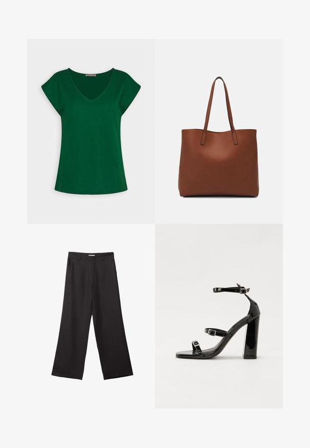 Zelené tričko s krátkym rukávom a výstrihom do V, vyrobené z mäkkej bavlny, s čistými líniami a voľným strihom.; Čierne široké nohavice vyrobené z hladkej tkaniny, so zipsom vpredu a dvoma bočnými vreckami, s prispôsobeným strihom a minimalistickým dizajnom.; Čierne lakované sandále na podpätku so štvorcovou špičkou, navlečenými remienkami okolo členku a striebornými prackami. Disponujú masívnym blokovým podpätkom pre stabilitu.; Hnedá kožená taška na rameno s hladkou textúrou, otvoreným vrchom a dvoma ramenými popruhmi. Má minimálne šitia a žiadne viditeľné kovania.