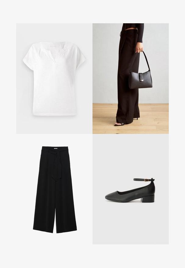 Valkoinen lyhythihainen paita, jossa on V-pääntie, pehmeä tekstuuri ja lievä rypytys olkapäillä, rento istuvuus sekä suora helma.; Mustat leveät housut, joissa on teksturoitu kangas, joustava vyötärö ja irrotettava nauha vyötäröllä säädettävää istuvuutta varten.; Mustat nahkakengät, joissa on terävä kärki ja matala lohkare korko. Varustettu nilkkahihnalla, jossa on kultasävyinen solki. Lisää sileä pinta.; Musta käsilaukku, jossa on rakenteellinen muoto, sileä pinta ja metallinen solki. Yhdistetty leveisiin mustiin housuihin ja avonaiheisiin sandaaleihin puulattialla.