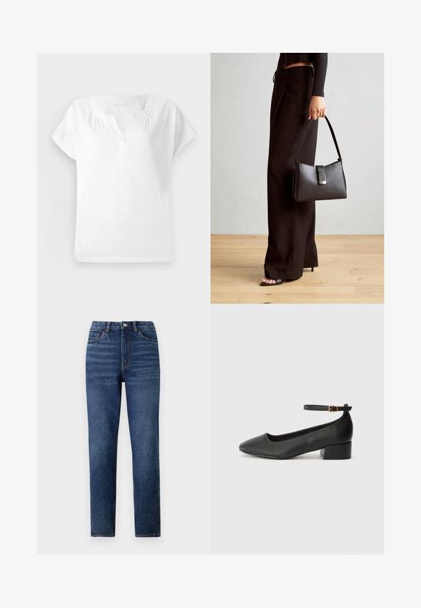 Biela blúzka s krátkym rukávom a výstrihom do V, jemná štruktúra, s miernym nariasením na ramenách, vo voľnom strihu a s priamym lemom.; Džínsy s vysokým pásom, modré, s rovnými nohavicami, ktoré majú jemné oprania, jednoprevodový zapínací gombík a dizajn s piatimi vreckami.; Čierne kožené lodičky s špicatou špičkou a nízkym blokovým podpätkom. Obsahuje remienok okolo členka so zlatým prackou. Hladký povrch.; Čierna kabelka so štruktúrovaným tvarom, hladkou textúrou a kovovou sponou. V kombinácii so širokými čiernymi nohavicami a sandálmi s otvorenou špičkou na drevenej podlahe.