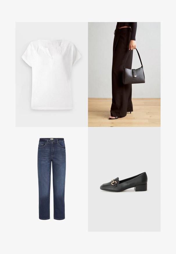 Baltas īsām piedurknēm tops ar V veida kakla izgriezumu, mīkstu tekstūru un nelielu savilkumu plecos, ar brīvu piegriezumu un taisnu apakšmalu.; Tumši zili džinsi ar taisnu kāju dizainu, kuriem ir piecas kabatas, izšuvuma akcenti un priekšējā pogu aizdare.; Melnas ādas loafers ar plakanu papēdi, kurām priekšā ir dekoratīvs zelta aparatūras elements un gluda tekstūra.; Melnā somiņa ar strukturētu formu, gludu tekstūru un metālu sprādzi. Saskaņota ar platām melnām biksēm un sandālēm ar atvērtu purngalu uz koka grīdas.