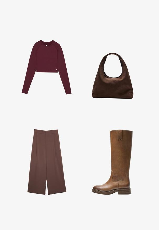 Burgundska dolgi rokav s skrajšanim krojem, okroglo ovratnikom, prileganjem in minimalnim logotipom na robu. Gladka tekstura in raztegljiv material.; Rjave široke hlače z gladko teksturo, ki imajo visok pas in sprednje naborke. Tkanina je lahka in prosto pada.; Bralne usnjene škornje do kolen z zaobljenim nosom, teksturirano površino in nizkim platiščem. Imajo stranski panel in zanko za poteg na vrhu.; Mehakna rjava torbica v hobo stilu z enim širokim trakom in ukrivljenim odprtjem na vrhu, prikazana na beli podlagi.