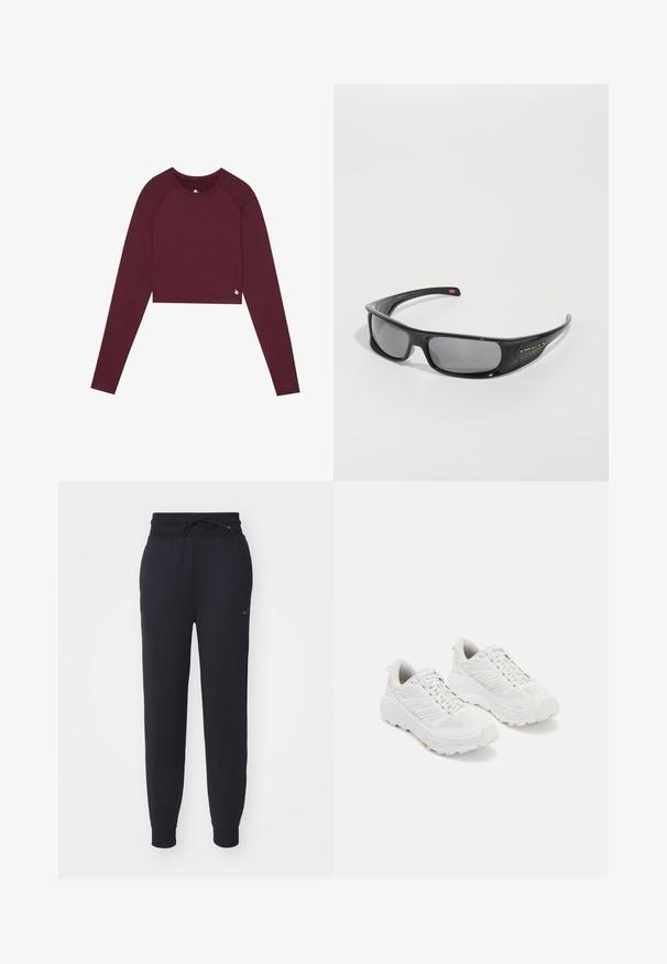 Burgundia pikkade varrukatega lühike topp ümmarguse kaeluse, sobiva lõike ning minimaalsete brändi detailidega hemperal. Sile tekstuur ja veniv kangas.; Mustad joggerid pehmest kangast, millel on elastne vöökoht stringiga, küljetaskud ja diskreetne logo vasakul reiel.; Valged sportlikud jalatsid, millel on võrgu ülaserv, tugevdatud varvas, paks pehme tald ja tekstureeritud mustriga siseosa haardeks.; Mustad mustad Oakley päikeseprillid tumedate ristkülikuliste läätsedega ja kaarjate kätega valgel taustal.
