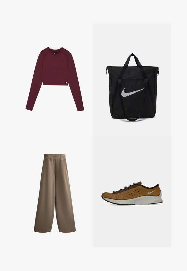 Top scurt cu mânecă lungă, de culoare burgundy, cu decolteu rotund, design ajustat și detalii minime de branding la tiv. Textură netedă și țesătură elastică.; Pantaloni largi maro cu talie elastică, fabricați dintr-un material neted, având buzunare laterale și un design drept, lejer.; Pantofi Nike cu un superior perforat de culoare maronie, sireturi de un maroniu închis și o talpă intermediară albă. Designul este elegant, având un profil discret.; Geantă tote din nailon negru, cu două mânere rezistente și închidere cu zip. Prezintă un logo alb Nike, proeminent, într-un design cu dungi orizontale.