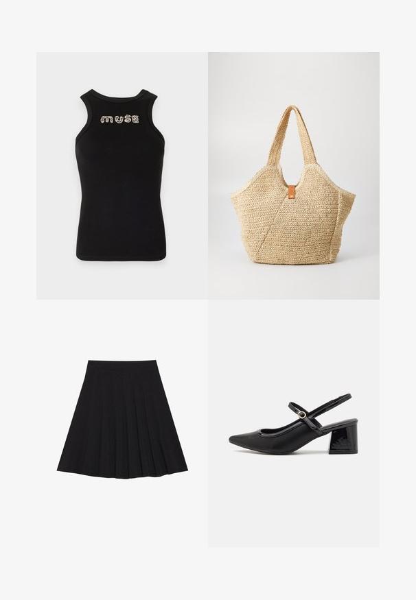 Mustamata kraanikaelaga särk, millel on ribitud tekstuur ja ümmargune kaelus, mille ees on sõna "muse" hõbedaste sädelevate kividega.; Must mustriga seelik, millel on tekstureeritud kangas ja kitsas vöökoht. Ulatuv põlveni, omadab sujuvat ja lõputut siluetti.; Mustad läikivad nahast slingback-kõrged kontsad, millel on terav nina, ümar lõikekujundus ja blokknina. Omab kuldset nupu aktsenti.; Suur õlgkott, millel on tekstureeritud beež välimus ja kaks laia sang. Omab nahast kaunistusrihma sulgemiseks.