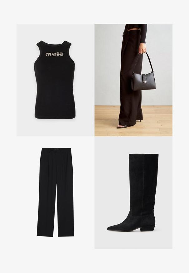 Musta hihaton toppi, jossa on ribbikuviointi ja pyöreä kaula-aukko. Rintamuksessa lukee sana "muse" hopeanvärisistä kimalteista.; Mustat housut suoralla lahkeella, joissa on kaksi etutaskua ja vyötärö. Valmistettu sileästä, kevyestä kankaasta.; Mustat mokkanahkaiset polvipituiset saappaat, joissa on teräväkärkiset varret, matala lohkopohja ja saumat ovat huomaamattomat. Selkeä muotoilu ilman näkyviä metalliosia tai koristeita.; Musta käsilaukku, jossa on rakenteellinen muoto, sileä pinta ja metallinen solki. Yhdistetty leveisiin mustiin housuihin ja avonaiheisiin sandaaleihin puulattialla.