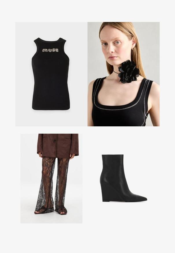 Juoda be rankovių marškinėliai su nelygiu paviršiumi ir apvaliu kaklu, ant krūtinės puikuojasi žodis "mūza" iš sidabro spalvos blizgučių.; Juodos nėriniuotos platėjančios kelnės su gėlių raštu, permatoma tekstūra ir plačiomis kojų angomis, derinamos su rudos spalvos šlepetėmis.; Juodai įkampę kulkšninių botų iš tekstūruotos odos; turi smailų pritūpimą ir glotiką, įstaigintą dizainą su kontūruotais siluetais.; Juoda gėlė choker apykaklė, pagaminta iš sluoksniuotų žiedlapių, dėvima su juoda grublėta liemenėle, kurioje sidabro akcentai yra aplink kaklą ir pečius.