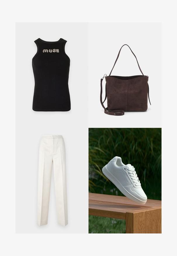 Canotta nera senza maniche con texture a coste e scollatura rotonda, con la parola "muse" in strass argentati sul petto.; Pantaloni color crema con vestibilità sartoriale, dotati di gamba dritta, tessuto liscio, pince frontali e orlo pulito. Design minimalista.; Sneaker bianco con tomaia in sintetico liscio, punta perforata, lacci piatti e suola testurizzata, esposto su una superficie di legno.; Borsa a spalla in suede marrone con una texture morbida, caratterizzata da una singola tracolla e un'apertura superiore leggermente curvata. Nessun dettaglio hardware visibile.