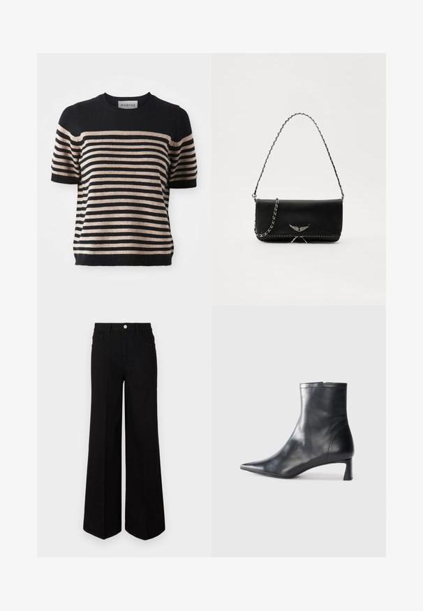 Csíkos rövidujjú pulóver, puha anyagból készült; tengerészkék és bézs csíkokkal rendelkezik, kerek nyakkivágású, és bordás szegéllyel záródik.; Fekete, bő szárú farmernadrág, strapabíró anyagból készült, magas derékkal, elülső zsebekkel és elöl gombos záródással. Lapos szegély az alján.; Fekete bőr bokacsizma hegyes orral és letisztult dizájnnal. Alacsony sarka és hátsó cipzáras záródása van. Simának tűnő textúra.; Fekete bőrtáska ezüstlánc pánttal, díszes szárnyakkal és fehér varrással az alsó varrat mentén.
