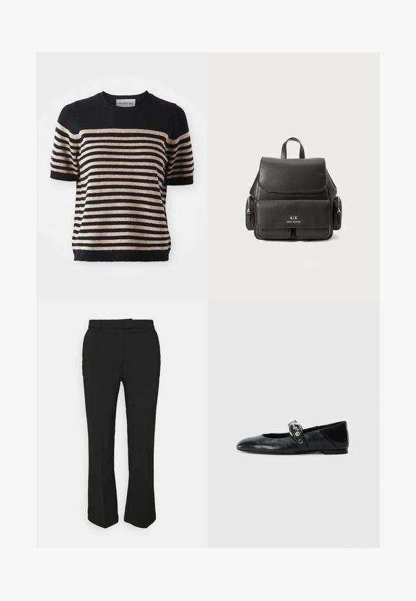 Stripet kortærmet sweater lavet af et blødt materiale; har marineblå og beige striber, rund halsudsigt og ribbet kant.; Sort skræddersyede bukser med lige ben, der har bæltestropper og sidelommer. Fremstillet af glat stof med en ren finish.; Sorte læder balletflade med spids tå, udstyret med en rem med en cirkulær metallisk spænde og en flad sål.; Sort læderrygsæk med flaplukning, for-lynlomme, sidelommer med lynlås og et topgreb. Har logodetaljer foran.