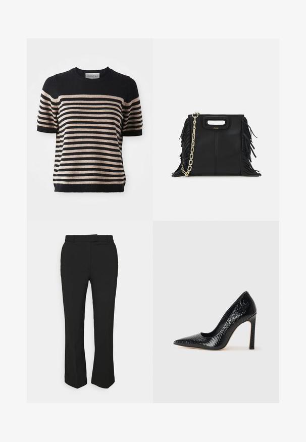 Pull à manches courtes rayé, fabriqué dans un matériau doux ; il présente des rayures bleu marine et beige, un col rond et un ourlet côtelé.; Pantalons noirs ajustés avec une coupe droite, dotés de passants de ceinture et de poches latérales. Fabriqués en tissu lisse avec une finition soignée.; Escarpin noir à bout pointu avec texture en cuir de crocodile, présentant un design élégant, un haut talon aiguille et un intérieur noir lisse.; Sac à main en cuir noir avec des détails en franges, chaîne dorée pour l'épaule et une poignée découpée. Présente le logo sur le devant.