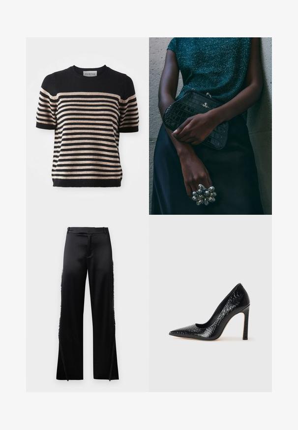 Pruhovaný krátky rukáv sveter vyrobený z mäkkého materiálu; obsahuje námořní modré a béžové pruhy, okrúhly výstrih a ribbový lem.; Čierne saténové nohavice so širokými nohavicami, s strapcovými detailmi pozdĺž bočných švov a plochým pásom vpredu. Jednoduchý zadok bez vreciek.; Čierna lodička s špicatou špičkou a lakovanou textúrou krokodíla, s elegantným dizajnom, vysokým stiletto podpätkom a hladkým čiernym interiérom.; Čierna clutch kabelka s krokodílovým vzorom a striebornými kovovými prvkami, držaná proti textúrovanému sivému pozadiu. Má lesklý povrch.