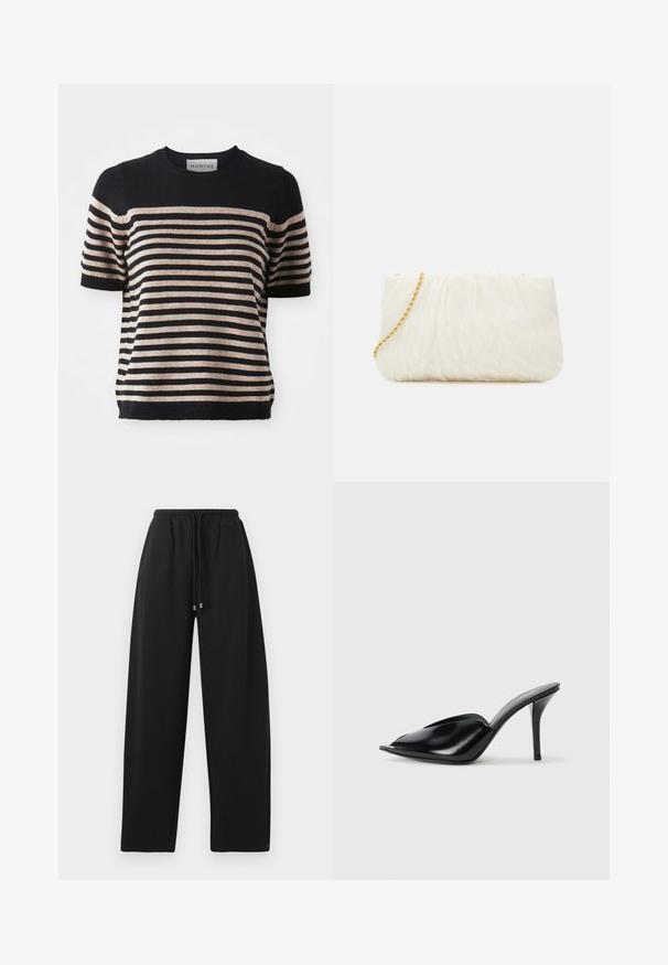 Striped short-sleeve sweater made from a soft material; features navy blue and beige stripes, round neckline, and ribbed hem.; Black sweatpants with a relaxed fit, elastic waistband, drawstring closure, and side seams. Made from a soft, smooth fabric.; Black leather high-heeled mules with an open toe, pointed design, smooth texture, and a slim stiletto heel.; White textured clutch bag with a gathered design, featuring a gold chain strap. Smooth finish with subtle waves and rounded edges.