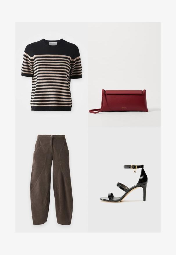 Pull à manches courtes rayé, fabriqué dans un matériau doux ; il présente des rayures bleu marine et beige, un col rond et un ourlet côtelé.; Pantalon en velours côtelé marron à jambes larges, taille haute, fermeture à bouton sur le devant et détails de couture en biais sur les jambes.; Sandale en cuir verni noir avec trois brides, boucle de cheville et talon aiguille de 10 cm. Présente un détail en métal doré et un charm logo.; Pochette en cuir rouge à la finition texturée, avec un rabat plat et une courte sangle. Logo de marque discret sur le devant.