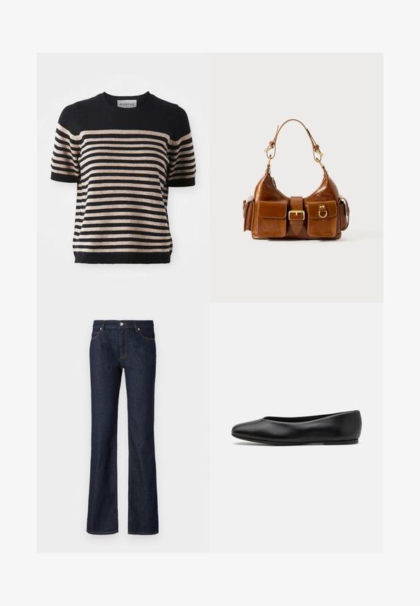 Stripet kortærmet sweater lavet af et blødt materiale; har marineblå og beige striber, rund halsudsigt og ribbet kant.; Mørkeblå denim jeans med en flare-form, fem-lomme design og kontrasterende orange syninger langs sømmene og lommerne.; Paul Smith TOPANGA - Ballerinasko - black; Brun læder håndtaske med en buet form, dobbelt hardware i guldtoner, to frontlommer og en bred skulderrem. Glat tekstur med en elegant finish.