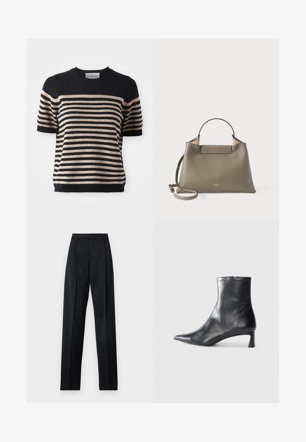 Ribadega lühikese varrukaga sviiter, mis on valmistatud pehmest materjalist; sisaldab tumesiniseid ja beeže ridasid, ümmargust kaelust ja soonikkoes serva.; Mustad püksid siledast kangast, millel on kõrge vöökoht, laiad jalad, esimesed kortsud ja klassikalised vööloopid. Küljepockets pole nähtavad.; Mustad mustall nahkasaabas terava nina ja stiilse disainiga. Omab madalat konts ja luku sulgemist taga. Sile tekstuur.; Kareda hall nahkakott, millel on ülemine käepide ja reguleeritav õlavöö, millel on minimalistlik disain ja diskreetne bränding, mis on esiküljel sisse pressitud.