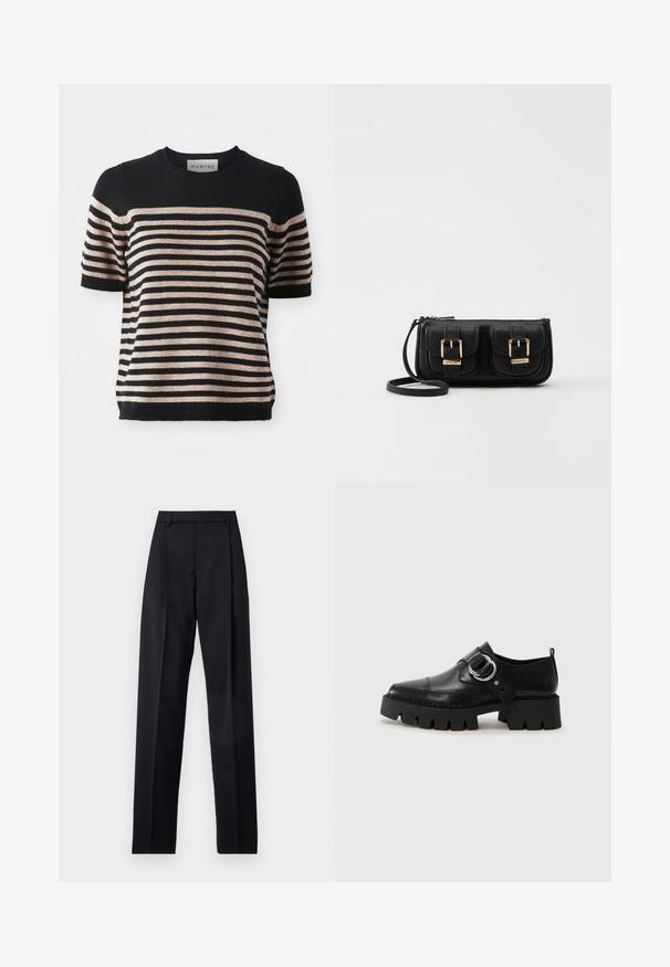 Juostuotas trumpas rankovėmis megztinis iš minkštos medžiagos; turi tamsiai mėlynų ir smėlio spalvos juostų, apvalų iškirpimą ir gurgždančią apykaklę.; Juodos kelnės iš lygaus audinio, pasižyminčios aukštu liemeniu, plačiomis kojomis, priekinėmis klostėmis ir klasikiais diržo kilpomis. Šoninių kišenių nematyti.; Juodos odinės bateliai su masyviu, grioveliuotu padu, su apvaliu sidabro detalės akcentu ir minimaliais siuvimo elementais.; Juodas odinis per petį nešiojamas krepšys su dviem priekiniais kišenėmis, auksiniais sagtimis, užtrauktuko uždarymu ir siauromis petnešomis. Textūruota paviršius ir kompaktiškas stačiakampis formatas.