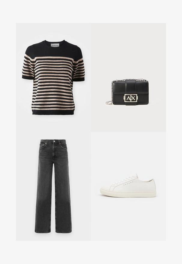 Stripete kortermet genser laget av mykt materiale; har marineblå og beige striper, rund hals og ribbestrikket kant.; Sorte høyhalsa rette denimjeans med knapp og glidelås foran, to frontlommer og to baklommer.; Hvite lær sneakers med glatt tekstur, rund tå, minimale snøringer og flat gummisåle. Enkelt design uten ekstra aksenter.; Svart lærveske med quiltet design, sølvkjedehank og et fremtredende sølv "AX"-logo foran. Kompakt rektangulær form.